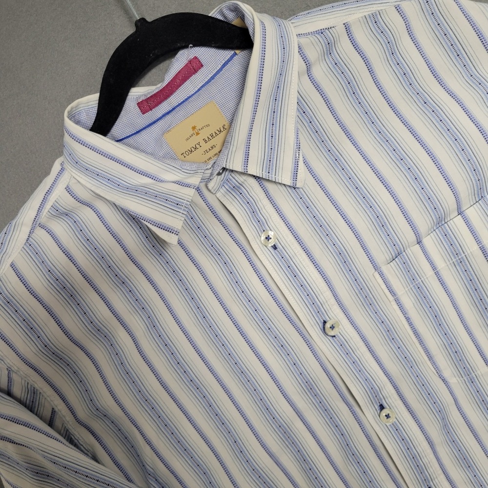 Tommy Bahama Jeans Mens XL Blue White Striped Cotton Button Up Shirt